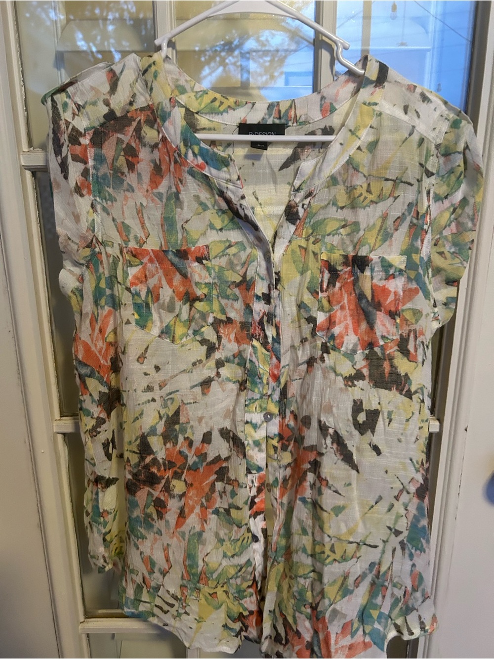 B Design  White Multicolor Abstract Print Button-Front Top